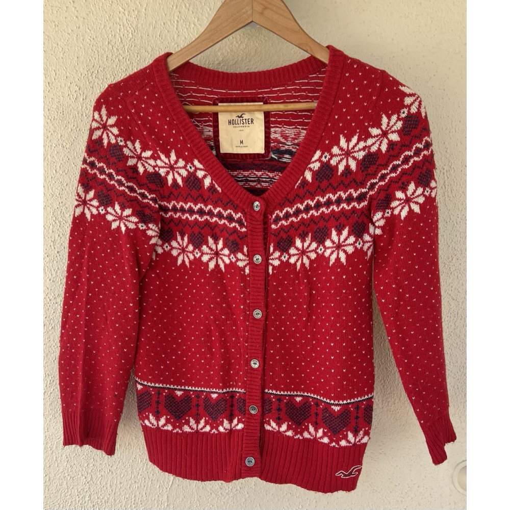 VTG Y2K Hollister Women’s Fair Isle Nordic Red Cardigan S Wool Blend Holiday